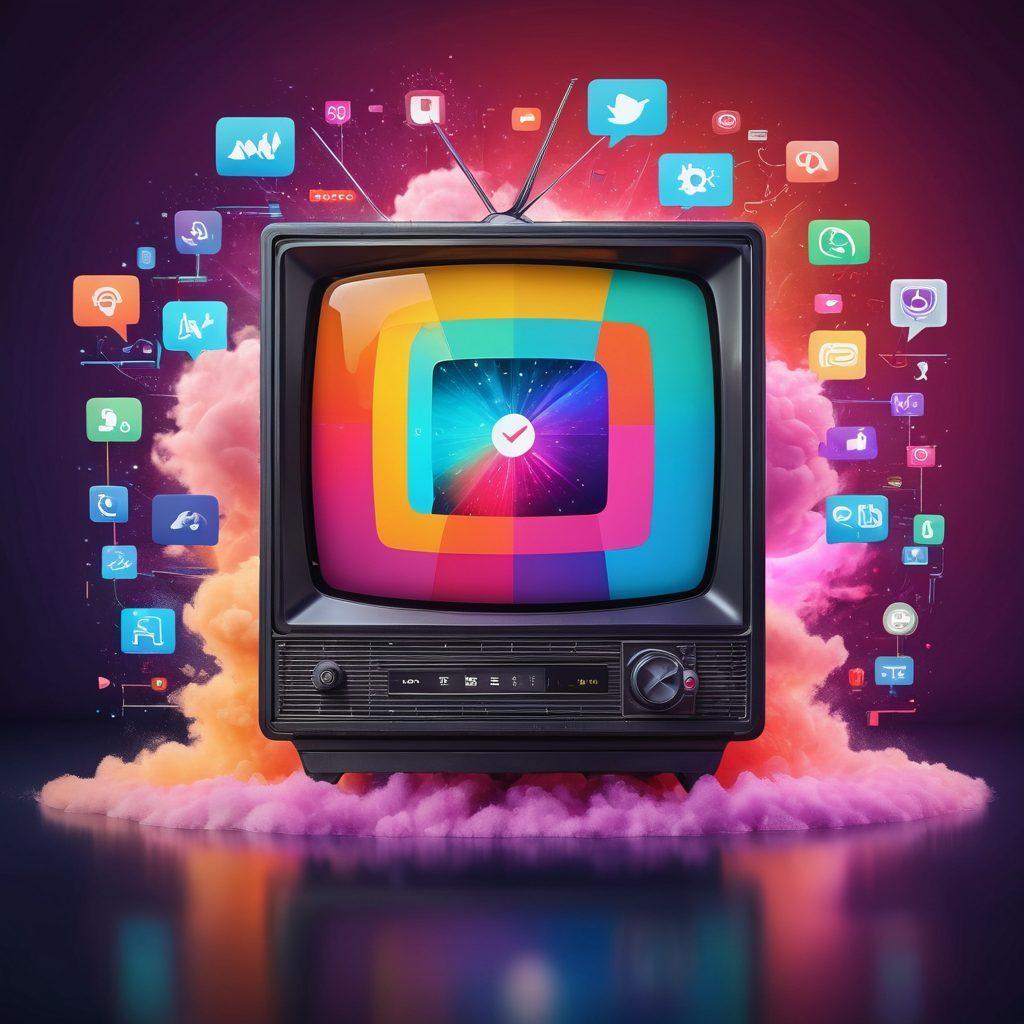 A dynamic collage featuring a vintage television transforming into a sleek digital screen, surrounded by diverse engaging content icons like streaming, podcasts, and social media. Show a vibrant flow of digital data streaming from the TV into the cloud, symbolizing the evolution of Mino's content ecosystem. Include elements like icons of content creators and engaging viewer interactions in the background. vibrant colors. modern design. super-realistic.