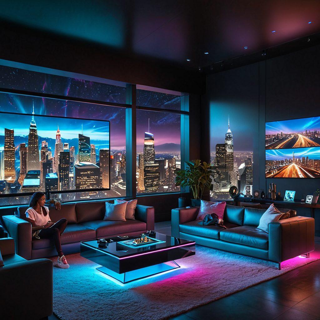 A futuristic living room setting with a large holographic screen displaying various streaming content icons, surrounded by diverse people enjoying the experience. Incorporate elements like a smart coffee table with virtual controls, cozy seating, and vibrant neon lights to reflect a modern entertainment hub. Background should hint at a city skyline visible through large windows, symbolizing connectivity and innovation. super-realistic. vibrant colors. 3D.
