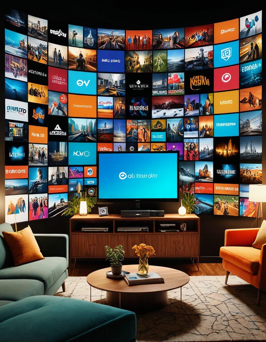 An imaginative collage showcasing a vibrant media network theme, featuring diverse screens streaming captivating content such as films, music, and podcasts. Incorporate colorful graphics of streaming icons, film reels, and sound waves, all interconnected by glowing lines symbolizing connectivity. Add an inviting atmosphere with a cozy living room setting and a person enjoying the content. The overall vibe should be modern and engaging. super-realistic. vibrant colors. 3D.